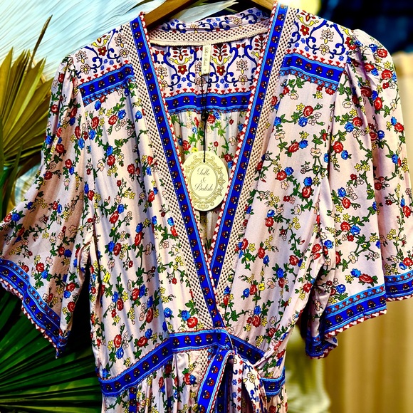 TULLE & BATISTE handmade floral Pink and Blue Wrap Rayon Maxi Dress NWT - Picture 4 of 16